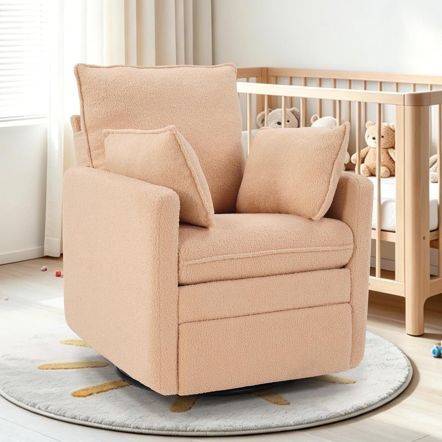 CANMOV Swivel Rocker Recliner Chair, Teddy Upholstered Nursery Glider Chair, Manual Reclining Chair with Two Removable Pillows for Living Room (Camel)