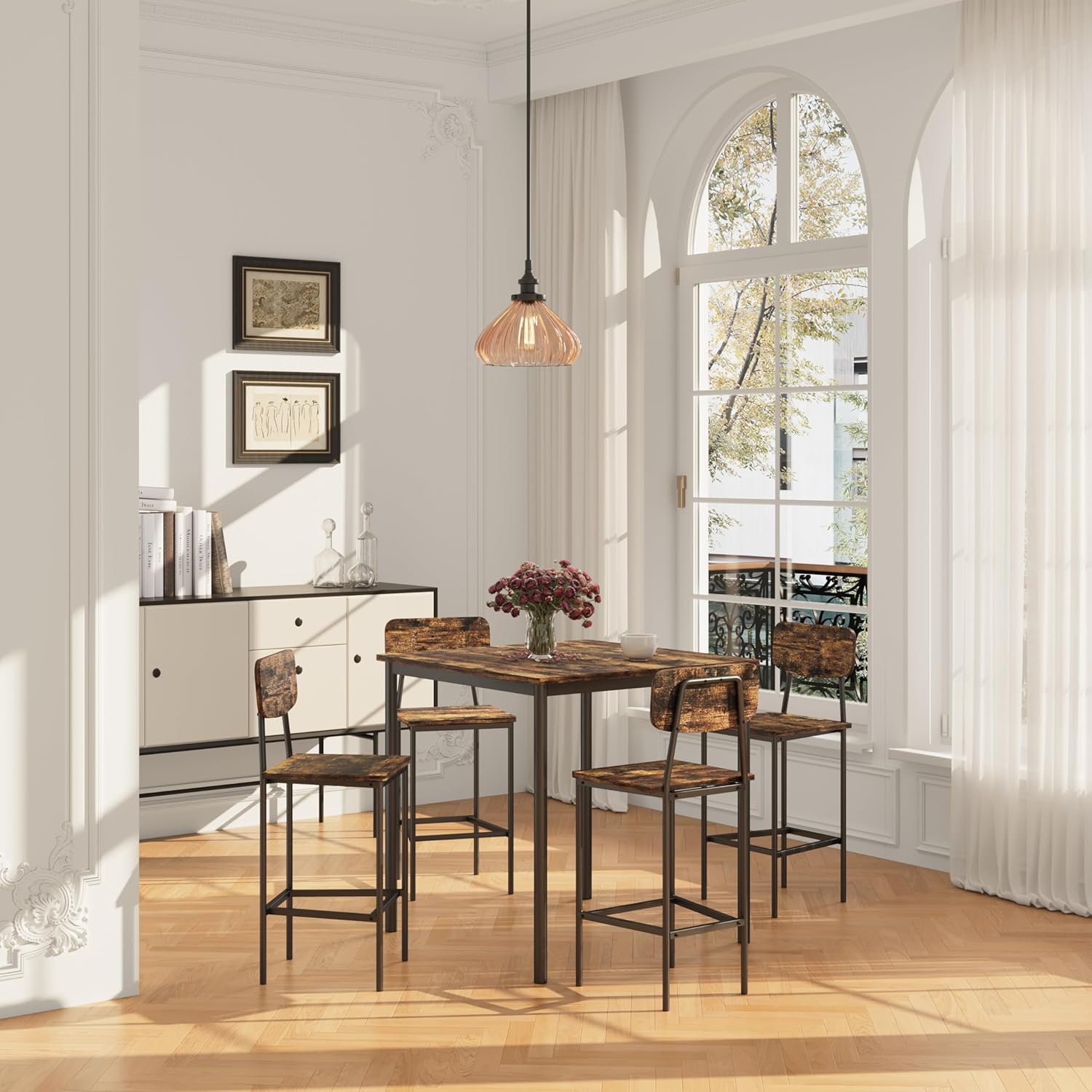 Kitchen Table and Chairs of 4, 5 Piece Dining Table Set, Sturdy Industrial Space Saving Dinette Set for Pub, Family Dinners, Apartment, Rustic Brown
