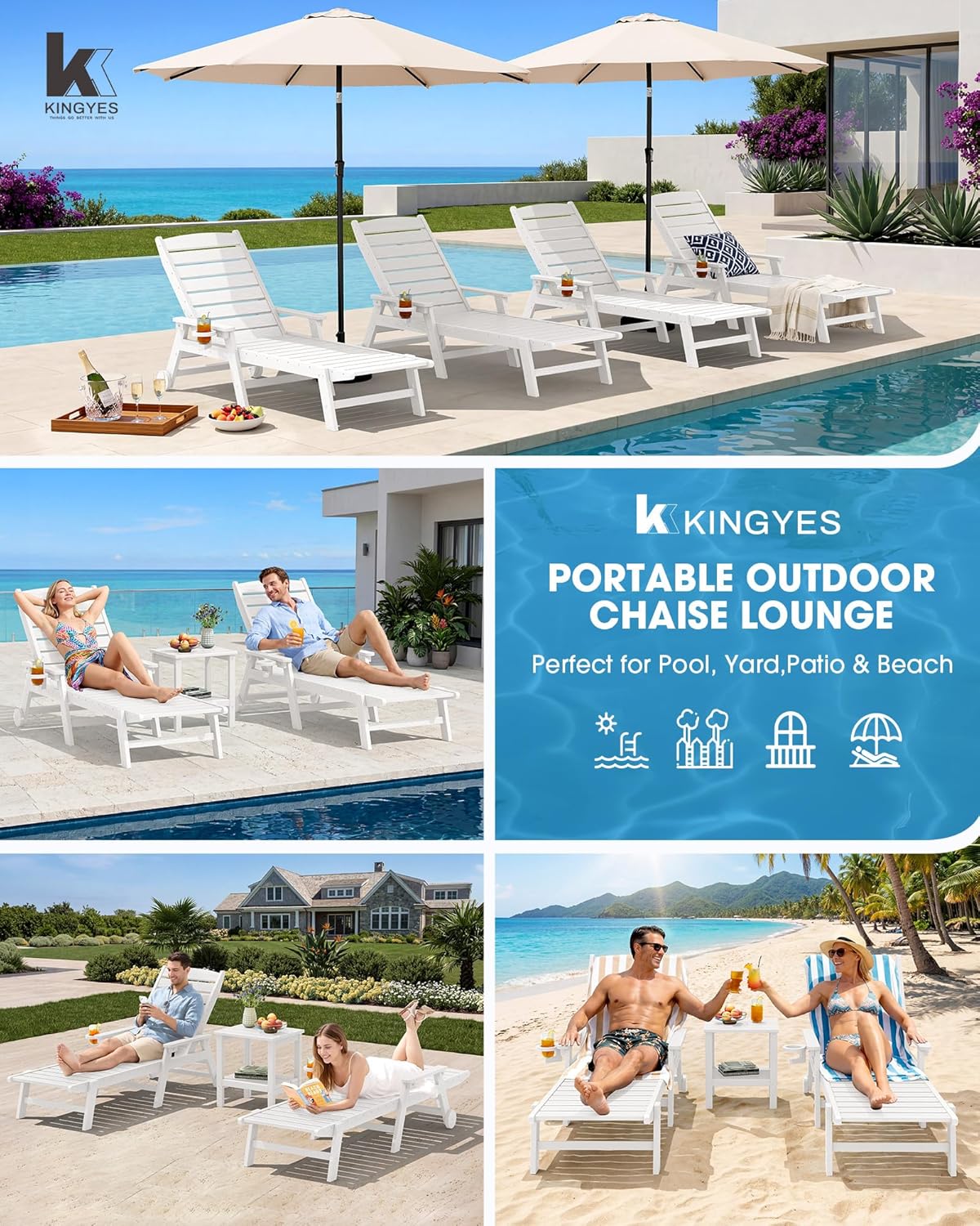 KINGYES HDPE Lounge Chair Outdoor Set of 2, Patio Chaise Lounge Recliner with Cup Holder All Weather Pool Lounger for Outside, White