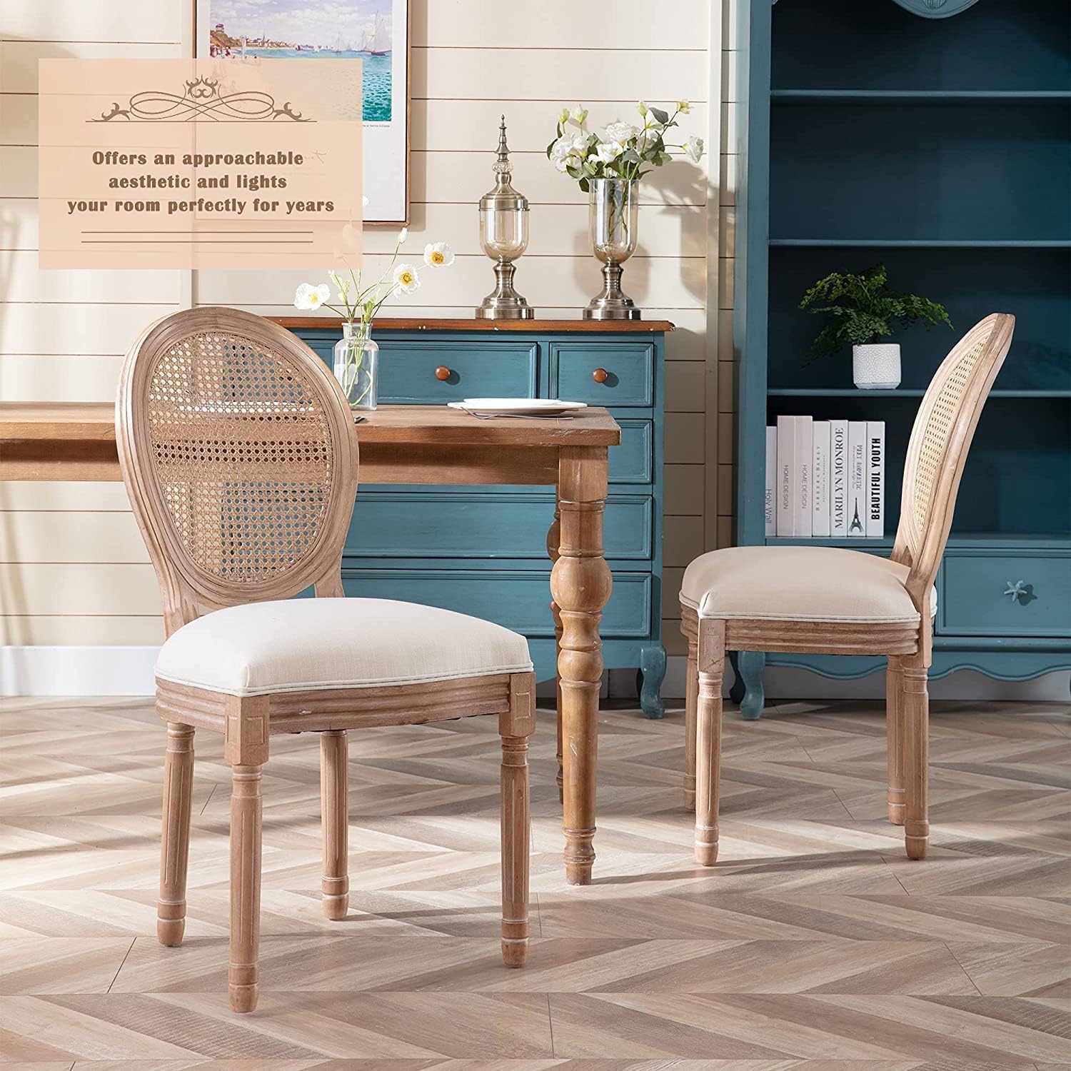 Nrizc Farmhouse Fabric Dining Room Chairs Set of 6, French Chairs with Round Back, Rattan Dining Chair, Oval Side Chair for Dining Room/Kitchen/Restaurant