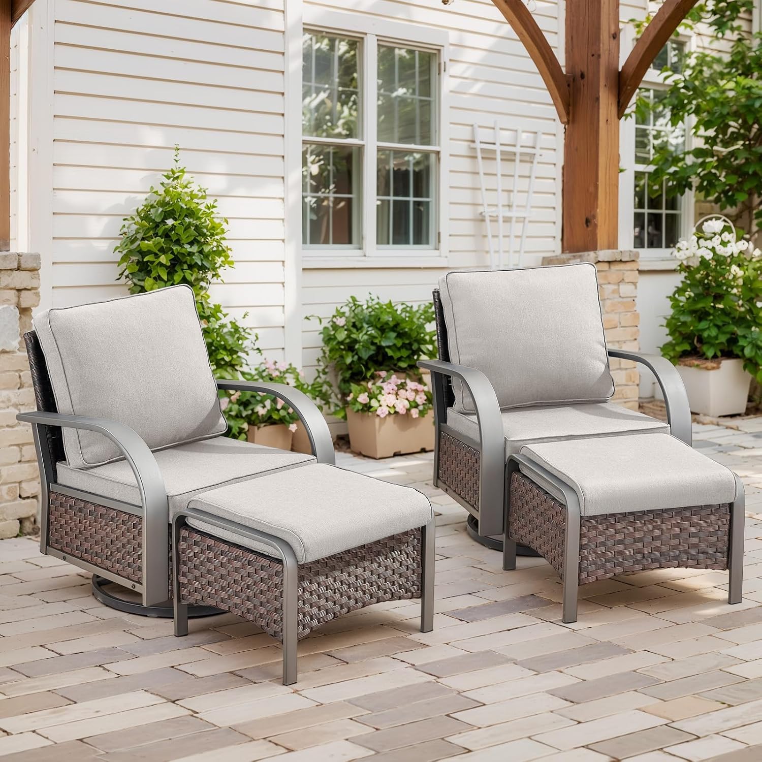 Belord Outdoor Ottomans for Patio - 250 LBS Weight Capacity PE Wicker Foot Rest Ottoman Set of 2 with Metal Frame Multipurpose Outdoor Foot Stool for Porch Balcony Backyard Brown