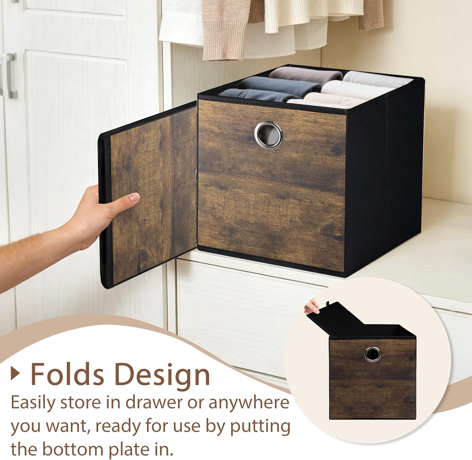 Thickened Fabric Cube Storage Bins with Wood Look,Decorative Storage Cubes Foldable Box,Sturdy Cube Organizer Basket for Shelves,Closet,Home,Office, Nursery,Dorm,Brown with Black,3 Pack (12x12x12in)