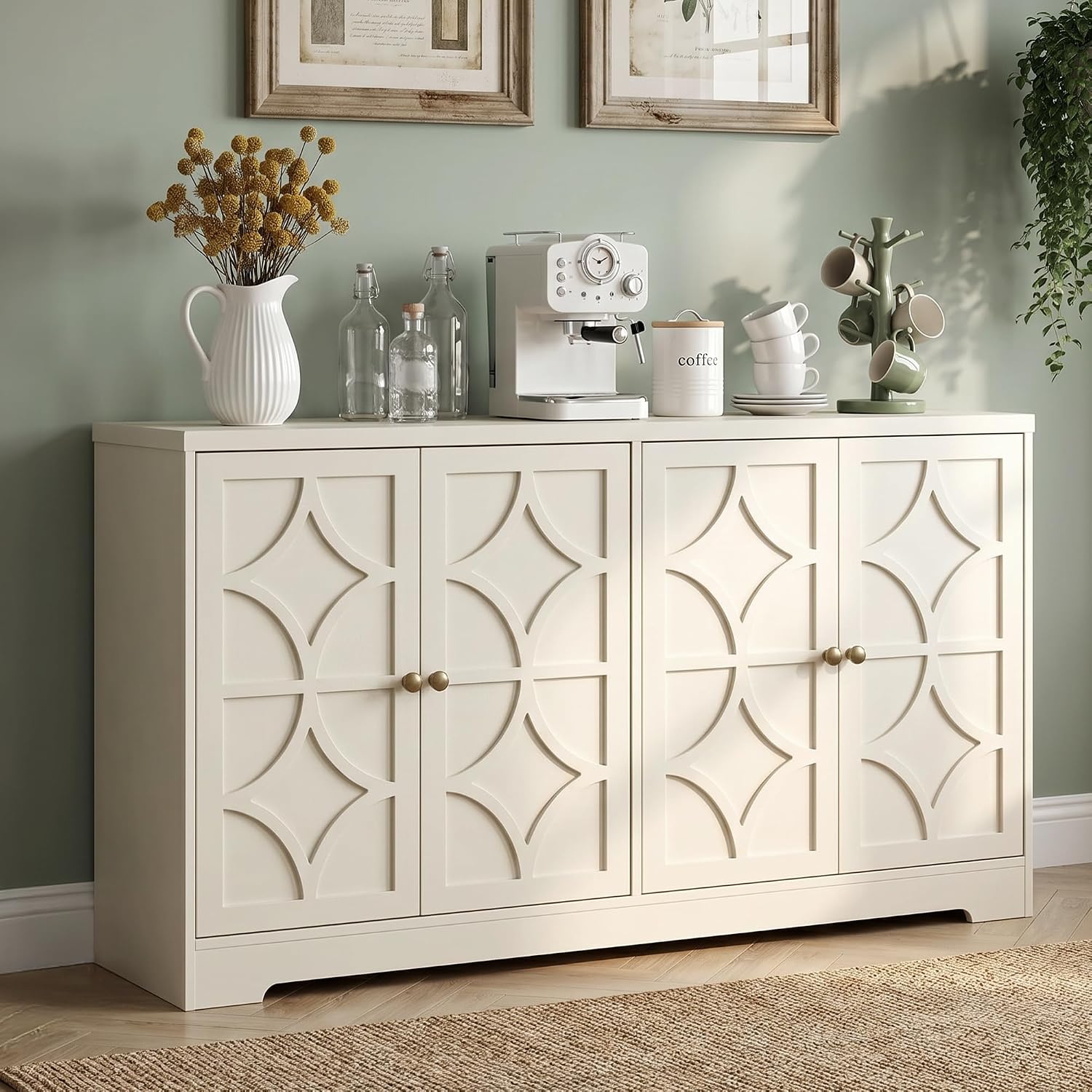 RoyalCraft Sideboard Buffet Cabinet with Storage, 56" Modern Sideboard with 4 Carved Doors, Large Wood Coffee Bar Console Table for Kitchen, Dining Room, Entryway, Living Room, Beige
