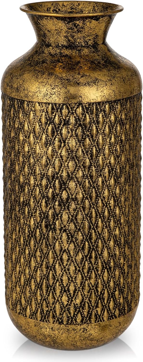 Flower Vase Rustic Metal Vases, 16" Black and Gold Pattern Vase for Farmhouse Home Décor Artificial Flowers and Centerpieces