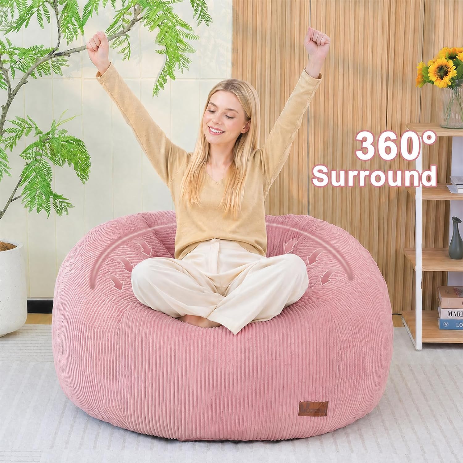 Bean Bag Chair for Adults Teens & Kids, Giant Round Bean Bag-XL | Memory Sponge Filling, Boneless Lounge Floor Sofa Chair with Handle & Non-Slip Base for Living Room Bedroom Balcony(Pink)