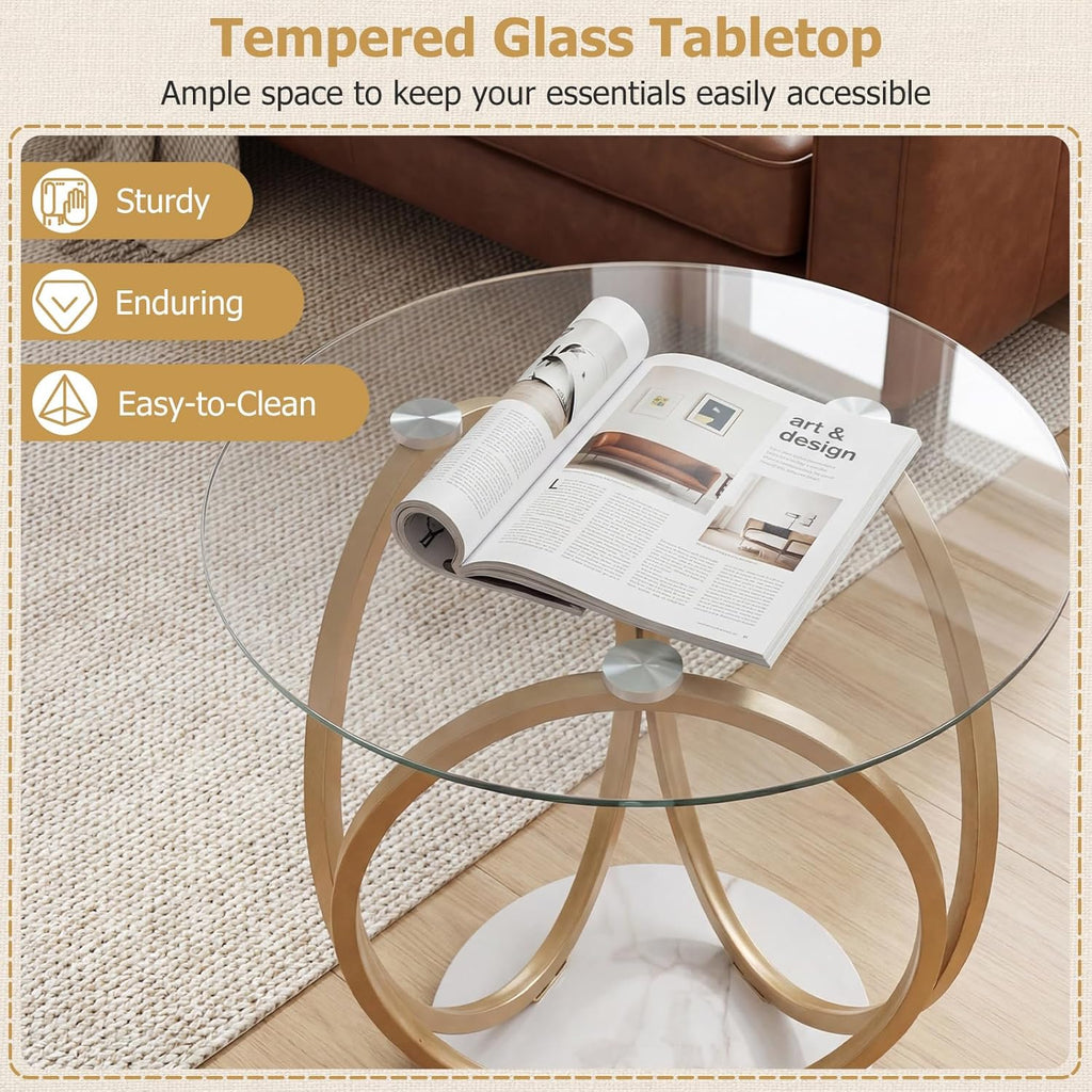 Giantex Round End Table, Faux Marble Sofa Couch Side Table with Tempered Glass Tabletop & Ring Gold Metal Frame, Small Coffee Tables for Decoration, Bedside Night Stand for Bedroom Living Room