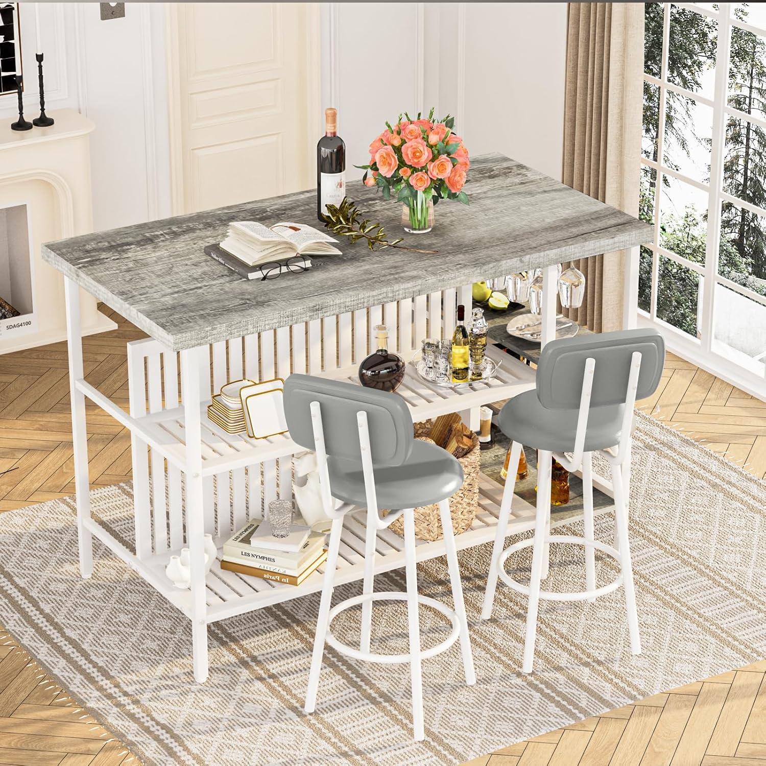 Kitchen Island with Storage Small Dining Table for 2, Kitchen Table Chairs Set of 2 Dining Room Set for Small Space (Grey)