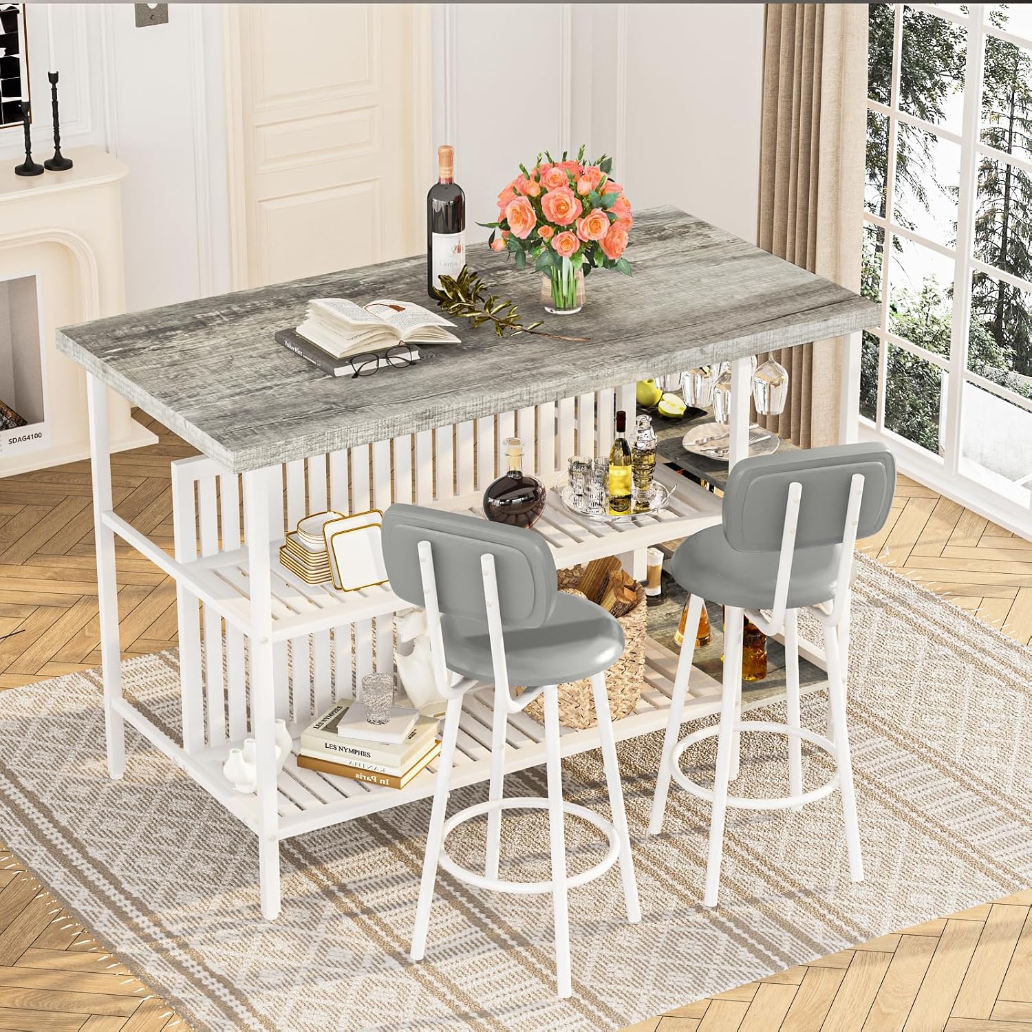 DKLGG 3 Piece Dining Table Set for 2,Kitchen Island with Seating & Storage,Industrial Bar Table and Chairs Set,Space-Saving Pub Table Set for Small Space (Grey)