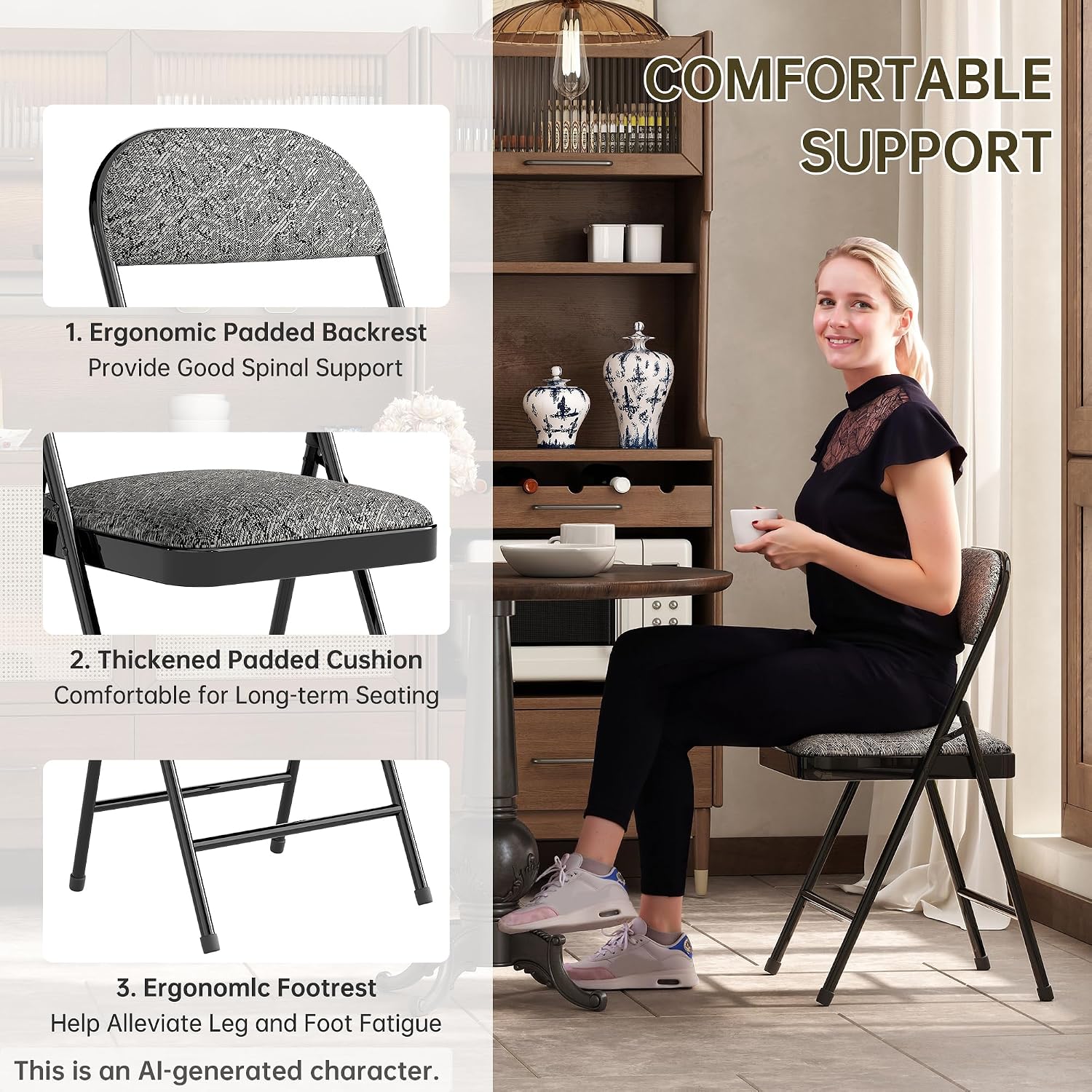 4 Pack Padded Cushion and Back Folding Chairs, Fabric Dining Chair Set with Steel Frame Metal for Home and Office, for Indoor and Outdoor Events, (Fabric Gray)