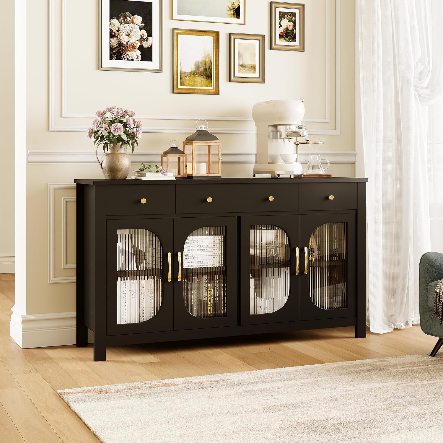 Sideboard Buffet Cabinet with Storage, 56" Buffet Table Coffee Bar Cabinet with Drawers and Glass Doors for Kitchen