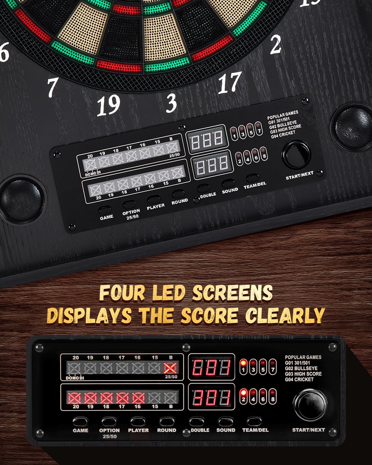 Electronic Dart Board, Decorative Dart Board Cabinet Set for Adults [12*Bronze Soft Tip Darts] [Cricket Game Mode]- Wooden Electric Dartboard Cabinet