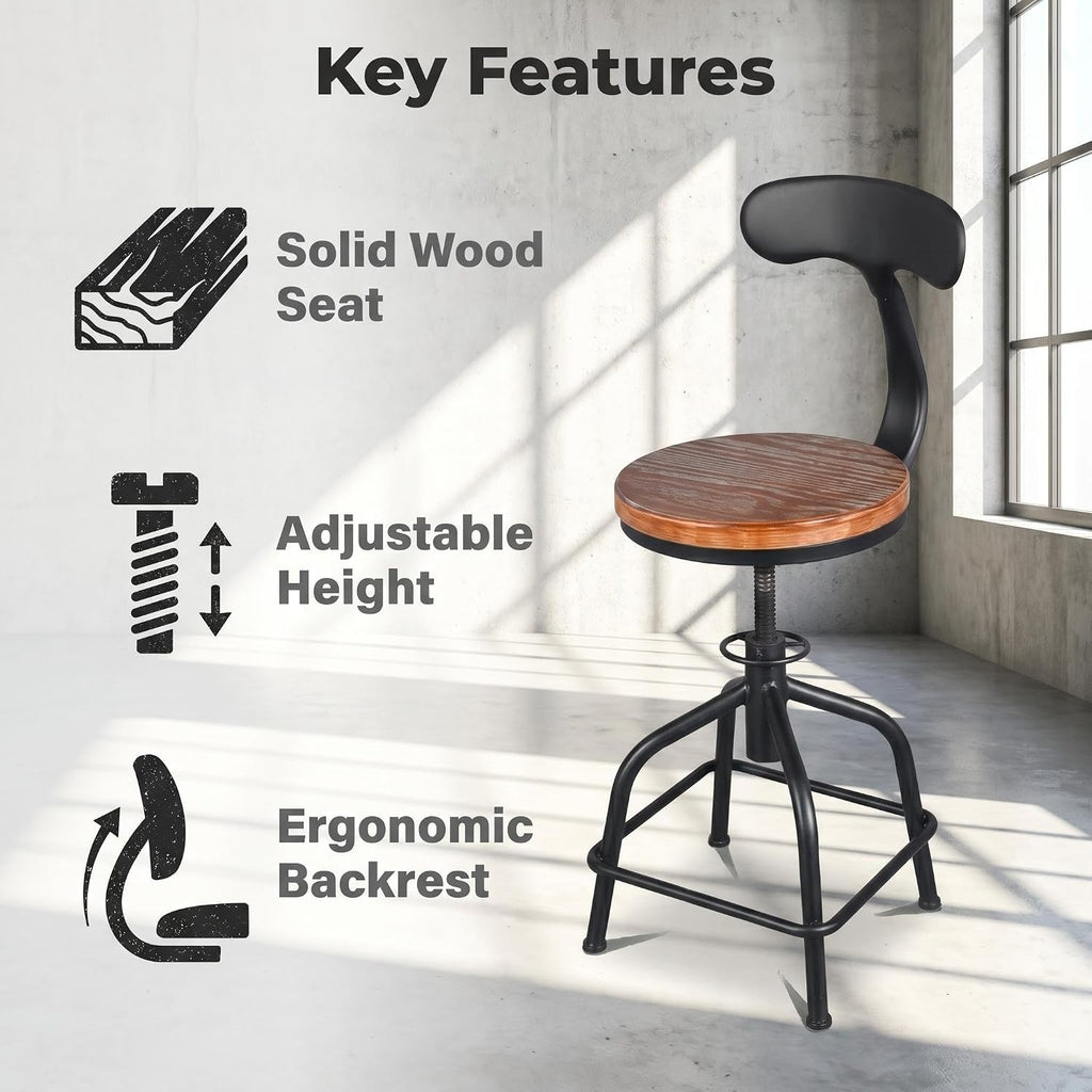 Topower Farmhouse Kitchen Stool, Industrial Counter Stool, Kitchen Deco Round Seat Standard Height Adjustable Swivel Bar Stools with Backrest Indoor House Design Iron Backrest Black Set of 2