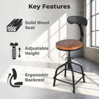 Topower Farmhouse Kitchen Stool, Industrial Counter Stool, Kitchen Deco Round Seat Standard Height Adjustable Swivel Bar Stools with Backrest Indoor House Design Iron Backrest Black Set of 2