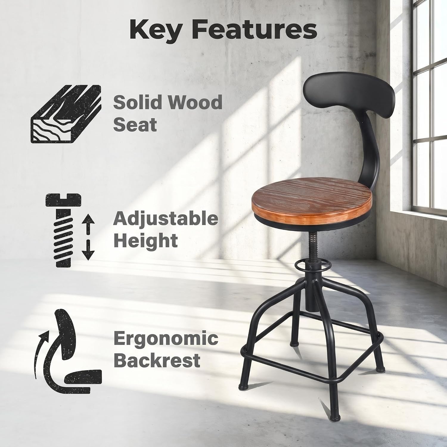 Topower Farmhouse Kitchen Stool, Industrial Counter Stool, Kitchen Deco Round Seat Standard Height Adjustable Swivel Bar Stools with Backrest Indoor House Design Iron Backrest Black Set of 2