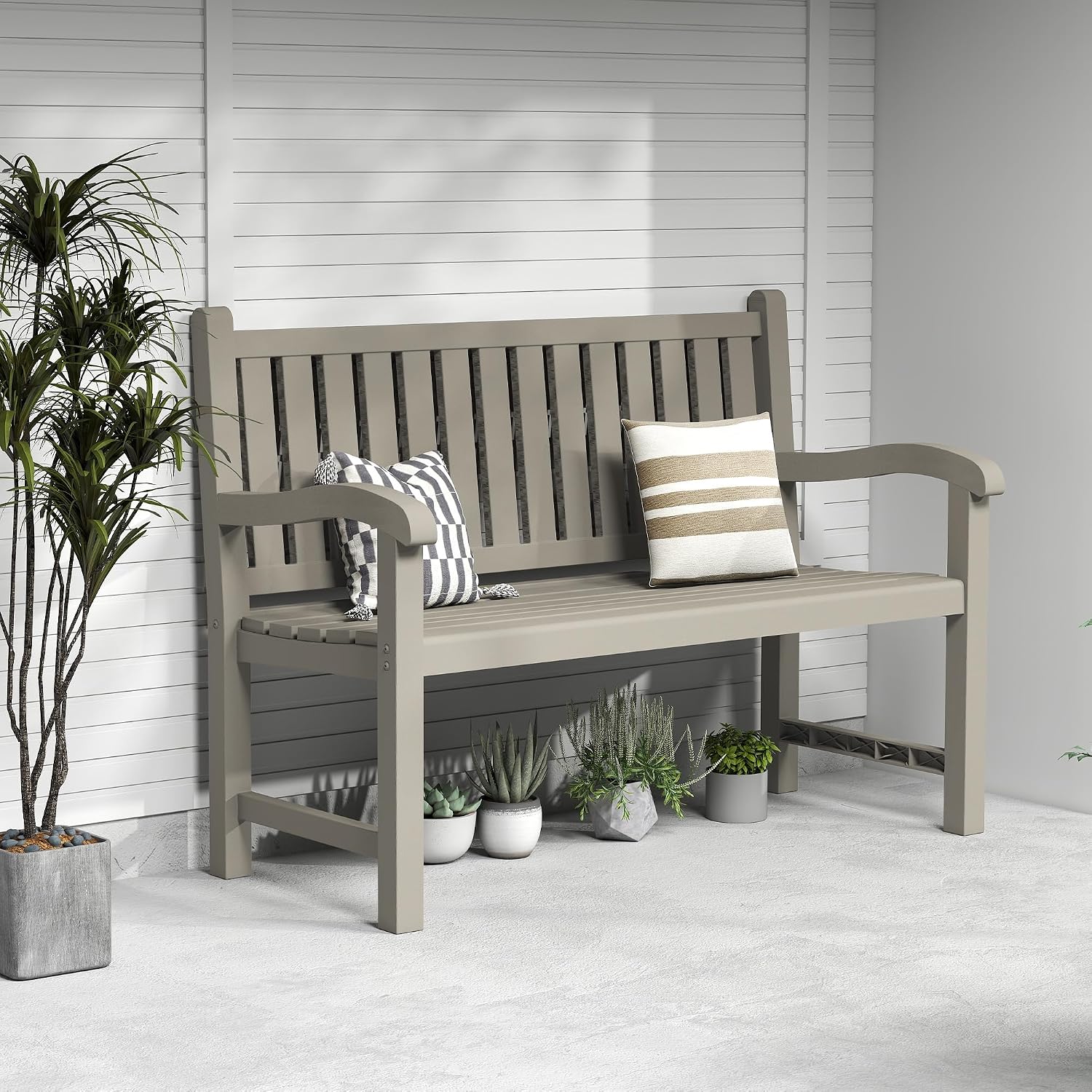 PatioZen Outdoor Bench, Waterproof & Weatherproof Garden Bench with Ergonomic Design, 2-Person Resin Bench for Porch, Deck, Patio, Outdoor, Garden & Park(Grey)
