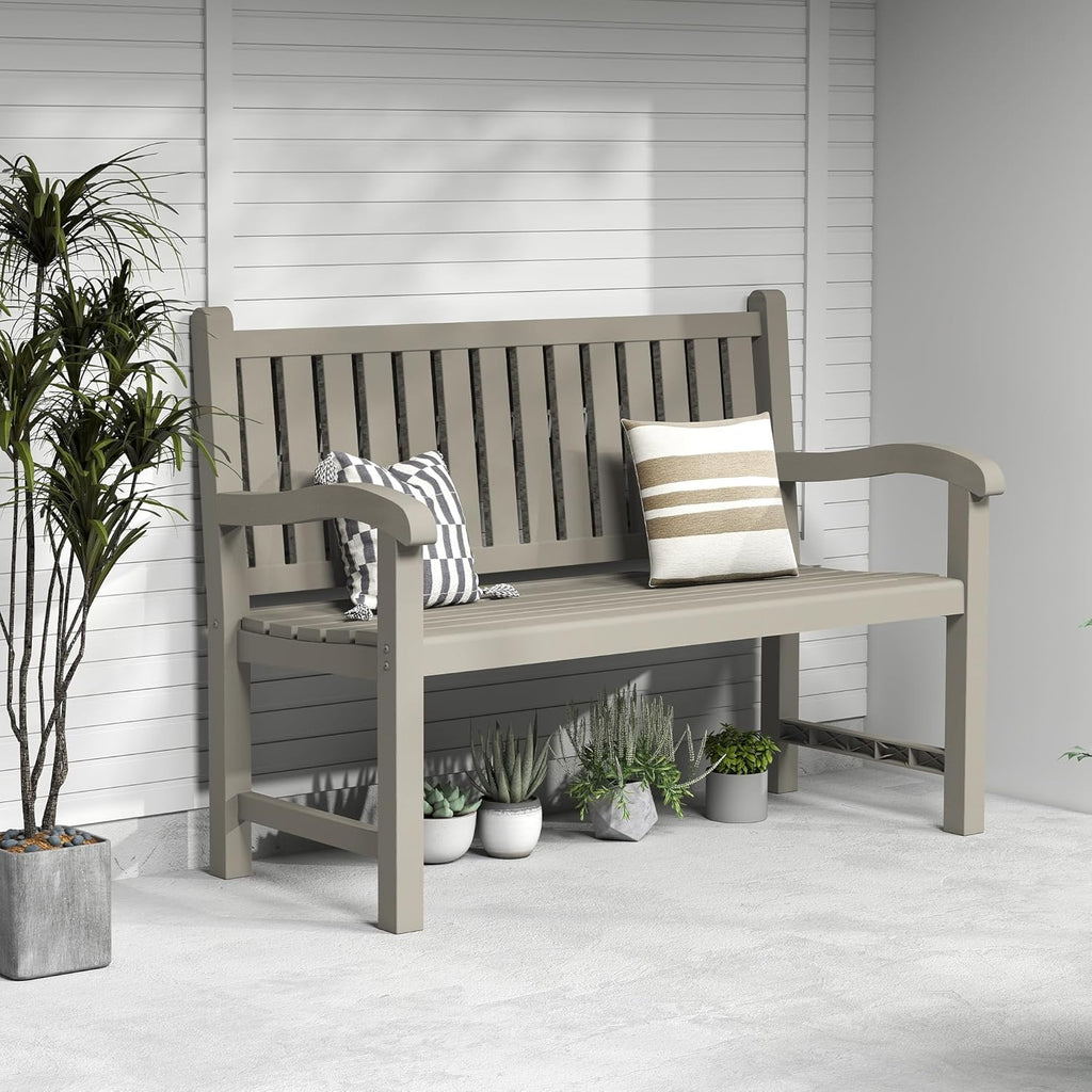 ROJIK Outdoor Bench Resin Patio Chairs Waterproof 2-Person Slatted Chairs with Sturdy Frame, Comfortable Seating for Garden Backyard Porch and Park(Grey)