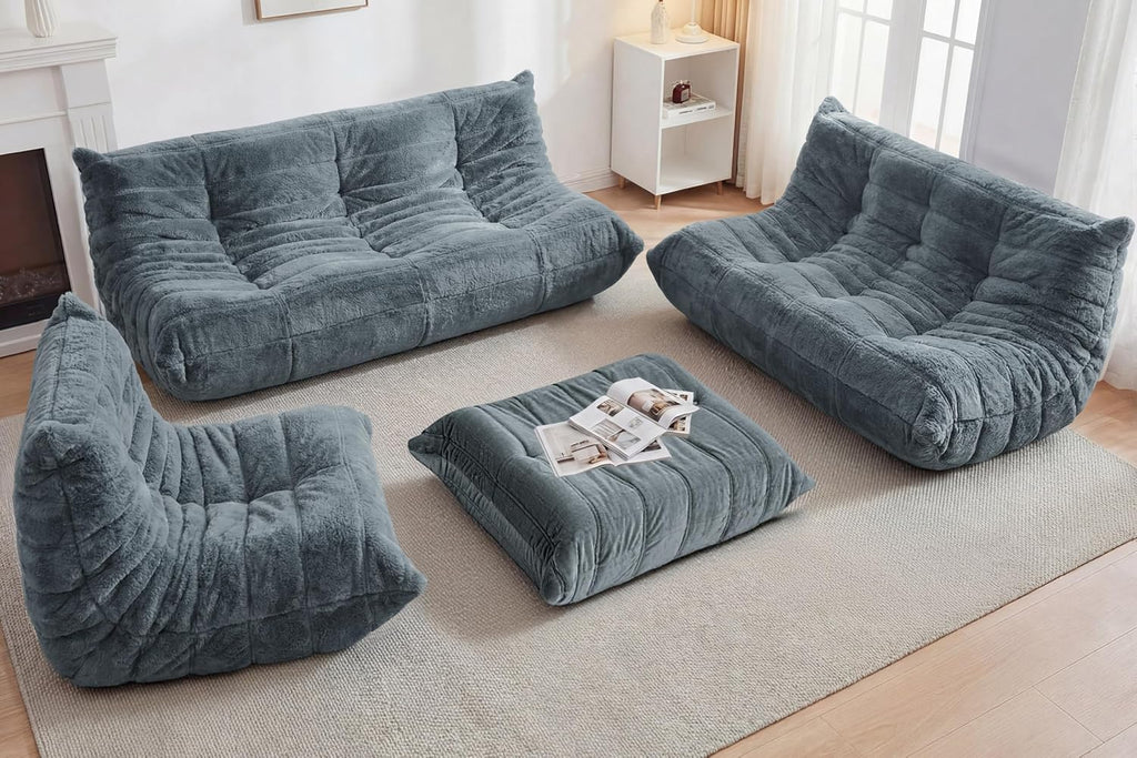 Bean Bag Pouf Ottoman, Foot Stool, Foot Rest with Memory Foam Filled, Rectangle Ottoman for Living Room, Bedroom, Office (Grey Plush)