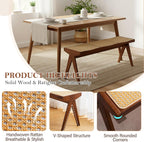 Furlide Wooden Rattan Dining Bench for Entryway, 49”Farmhouse Solid Wood Indoor Bench with Woven Cane Seat, Mid Century Bed End for Bedroom, Hallway, Living Room，Walnut