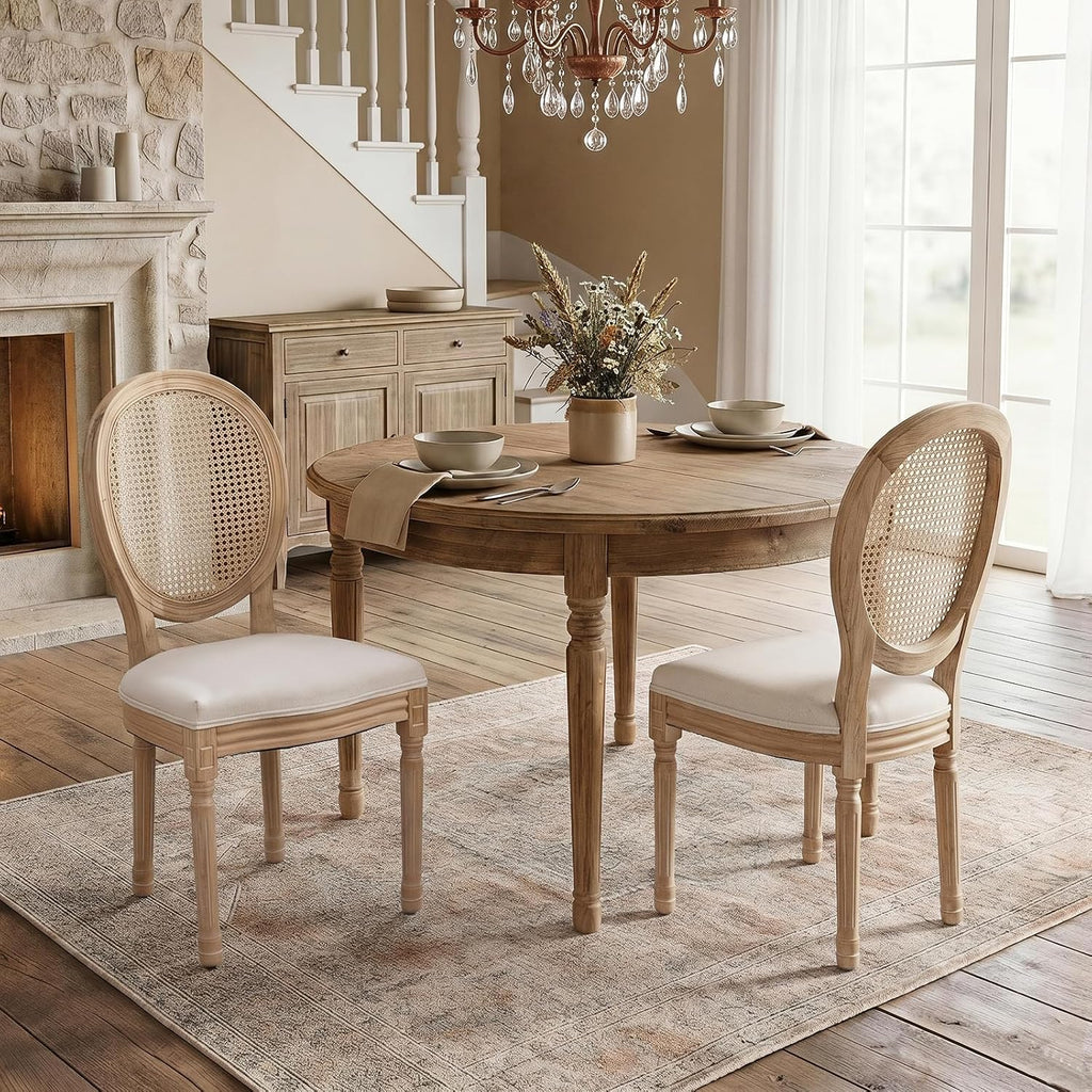 SoarFlash French Dining Chairs Set of 2, Vantage Dining Chair with Round Back, Wood Leg Farmhouse Country Rattan Dining Chair for Kitchen,Bedroom,Beige