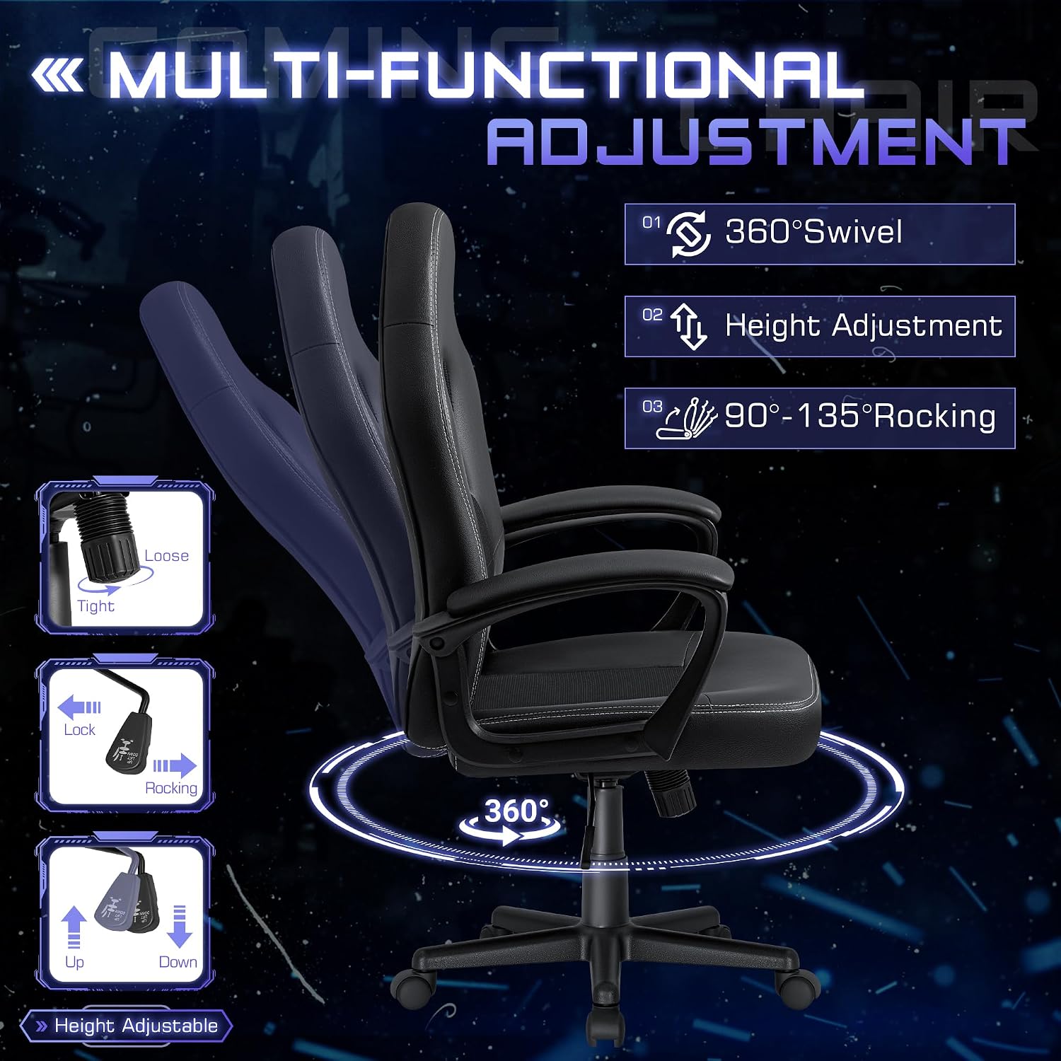 Office Gaming Chair High Back Leather Computer Chairs Ergonomic Height Adjustable Racing Game Desk Chair Executive Conference Task Chair (Black)