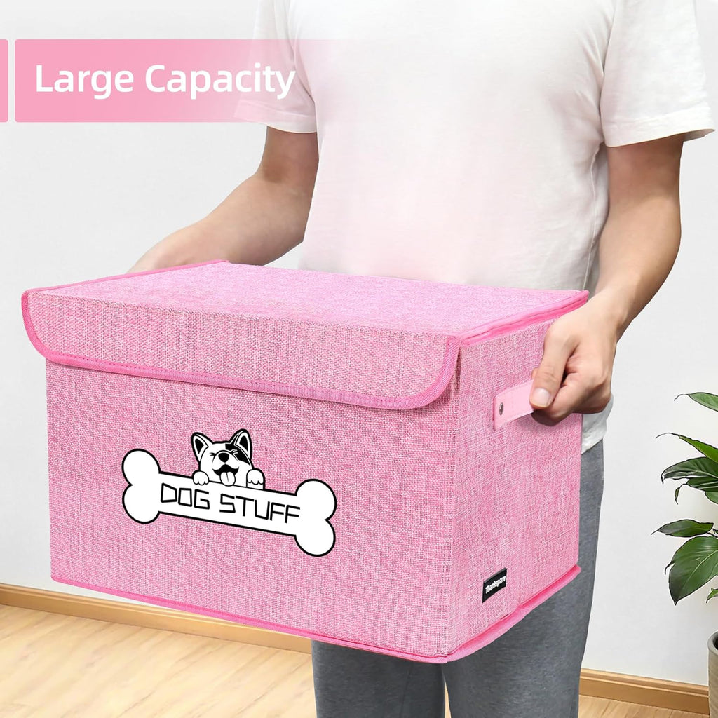 Fabric Dog Toy Box with Lid, Collapsible Storage Bin, Basket Organizer with Handle for Dog Toys, Blankets and Accessories, Pink