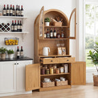 Merax 75'' Farmhouse Arched Kitchen Pantry with Charging Station | Kitchen Hutch with Adjustable Shelves, Open Countertop & Glass Holders, Versatile Cupboard for Dining Room Living Room