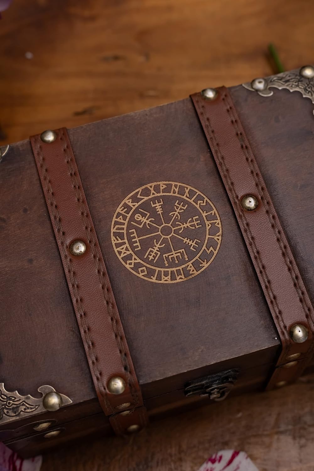 Gbrand 8.3" Wood and Leather The Runic Viking Compass Chest Box,Vegvisir Engraved Wooden Treasure Box with Velvet Lining,Vintage Tarot Box