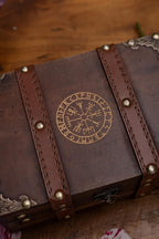 Gbrand 8.3" Wood and Leather The Runic Viking Compass Chest Box,Vegvisir Engraved Wooden Treasure Box with Velvet Lining,Vintage Tarot Box