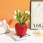 AOMOONOA Red Strawberry Vase for Flowers, Decorative Ceramic Fruit Vase, Strawberry Shaped Planter Pot with Green Leaves and Black Seeds for Table Centerpiece, Home Spring Kitchen Decor