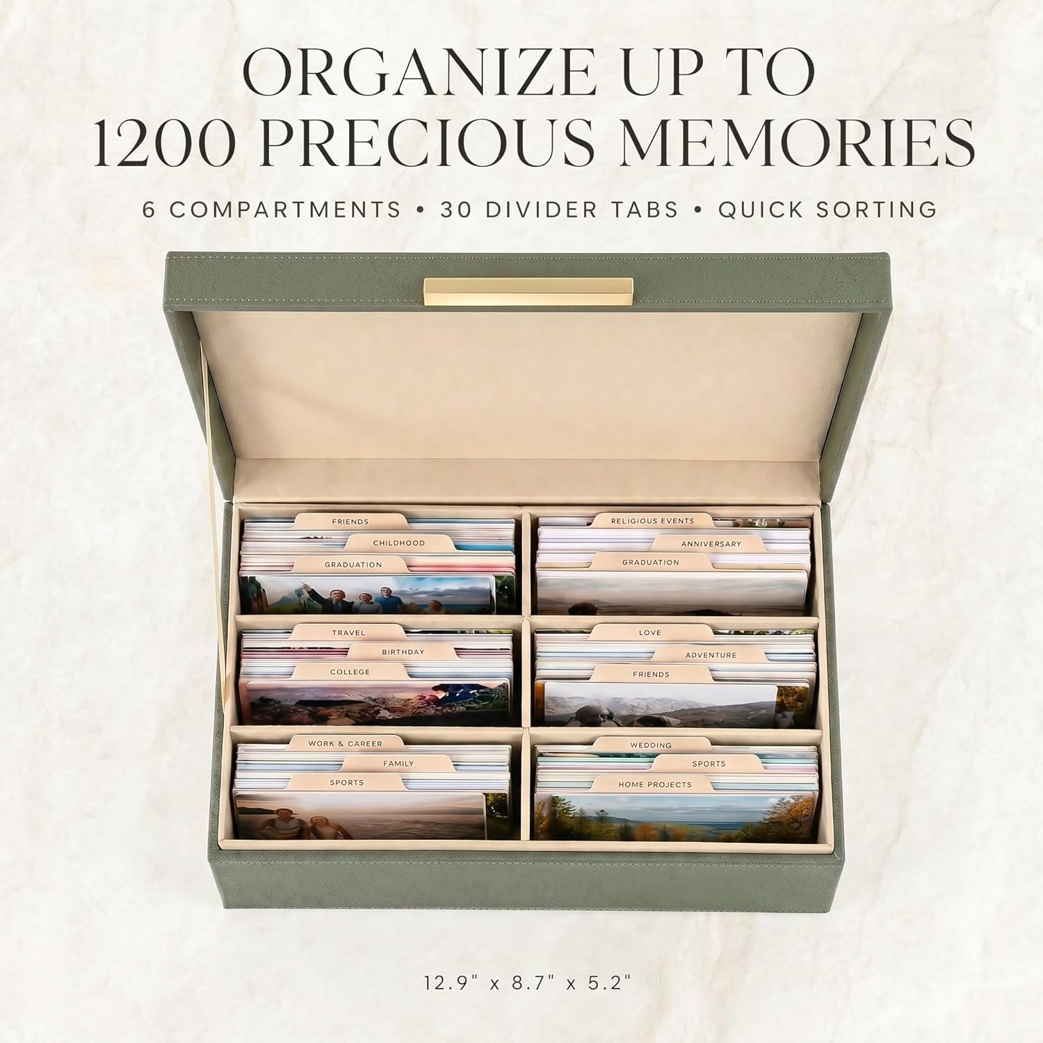 ZICOTO Decorative Photo Storage Box - Sturdy PU Leather Photo Organizer with Dividers is Perfect to Store Up to 1200 Pictures and 4x6 Photos - Portable Scrapbook Storage Containers with Lid