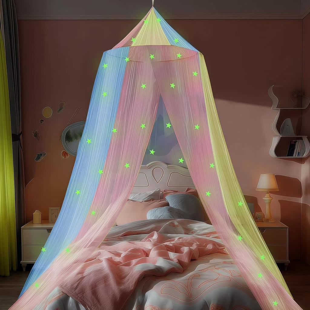 Princess Rainbow Bed Canopy for Girls with Glow-in-the-Dark Stars, Colorful Canopy Net Fits Most Single, Twin, Full and Queen Size Bed, Bedroom Accessories