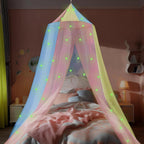 Princess Rainbow Bed Canopy for Girls with Glow-in-the-Dark Stars, Colorful Canopy Net Fits Most Single, Twin, Full and Queen Size Bed, Bedroom Accessories