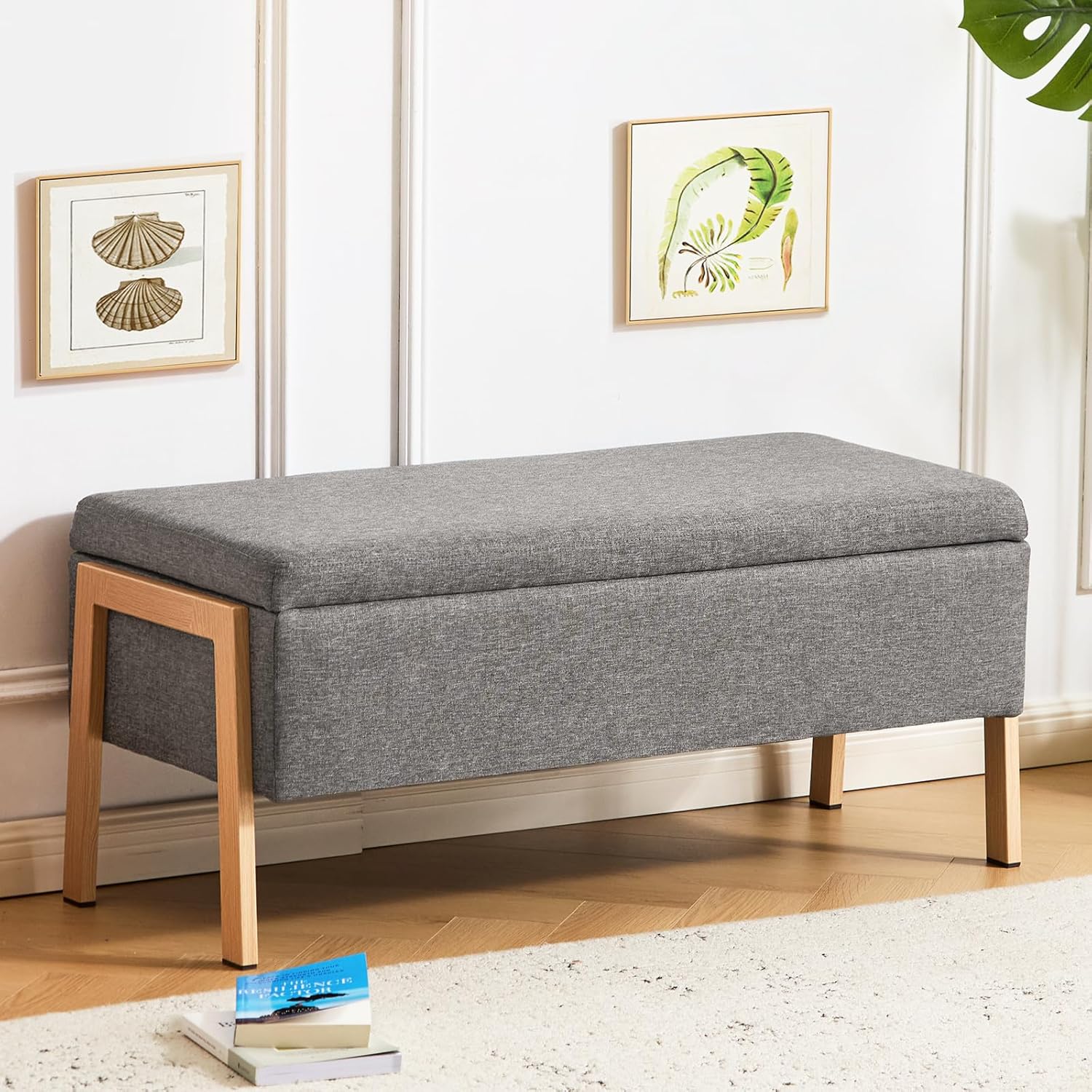 Furniliving Storage Bench for Bedroom, Modern End of Bed Storage Ottoman Bench, Upholstered Linen Ottoman Bench with Metal Legs, Folding Bedroom Bench for Living Room, Entryway, Grey