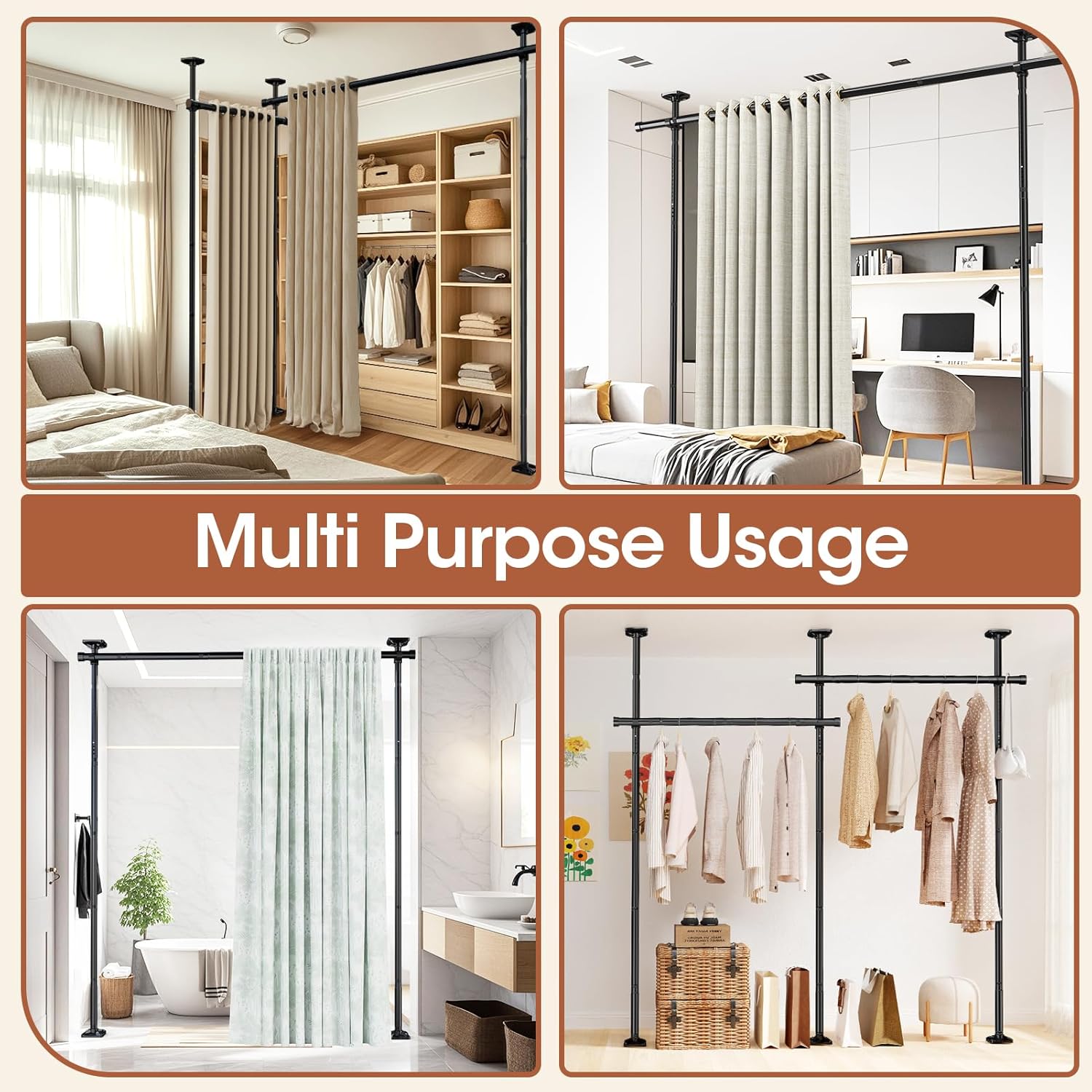 SUNALLY Room Divider No Drilling Curtain Rod Wall Divider for Room Separation, 4-10ft(H) 28-114inch(W) Adjustable, Heavy Duty Partition Space Separator Freestanding Tension Curtain Stand, Black