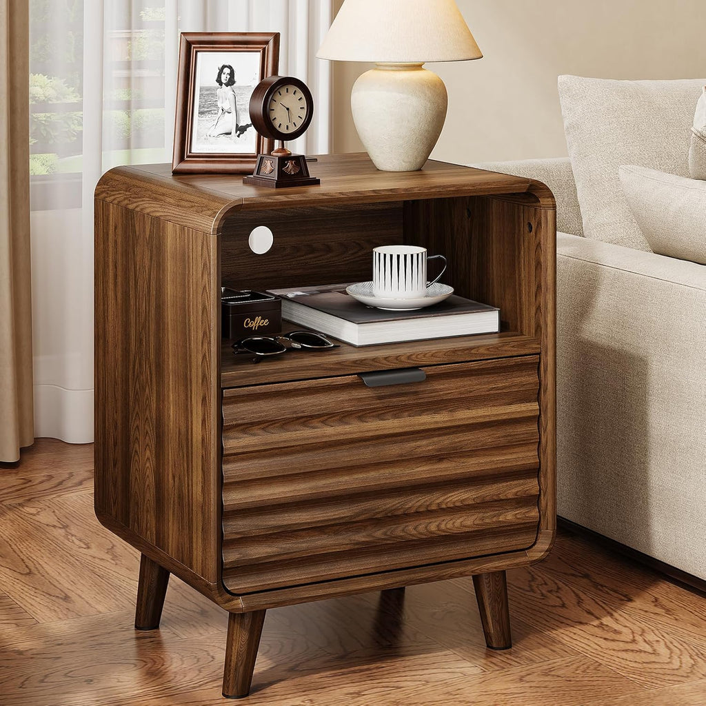 ONBRILL 19.7'' Wide End Table with Charging Station,Fluted Accent Side Table with Drawer & Open Cubby Storage,Mid Century Nightstand for Bedroom,Living Room,Walnut