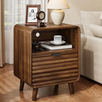 ONBRILL 19.7'' Wide End Table with Charging Station,Fluted Accent Side Table with Drawer & Open Cubby Storage,Mid Century Nightstand for Bedroom,Living Room,Walnut