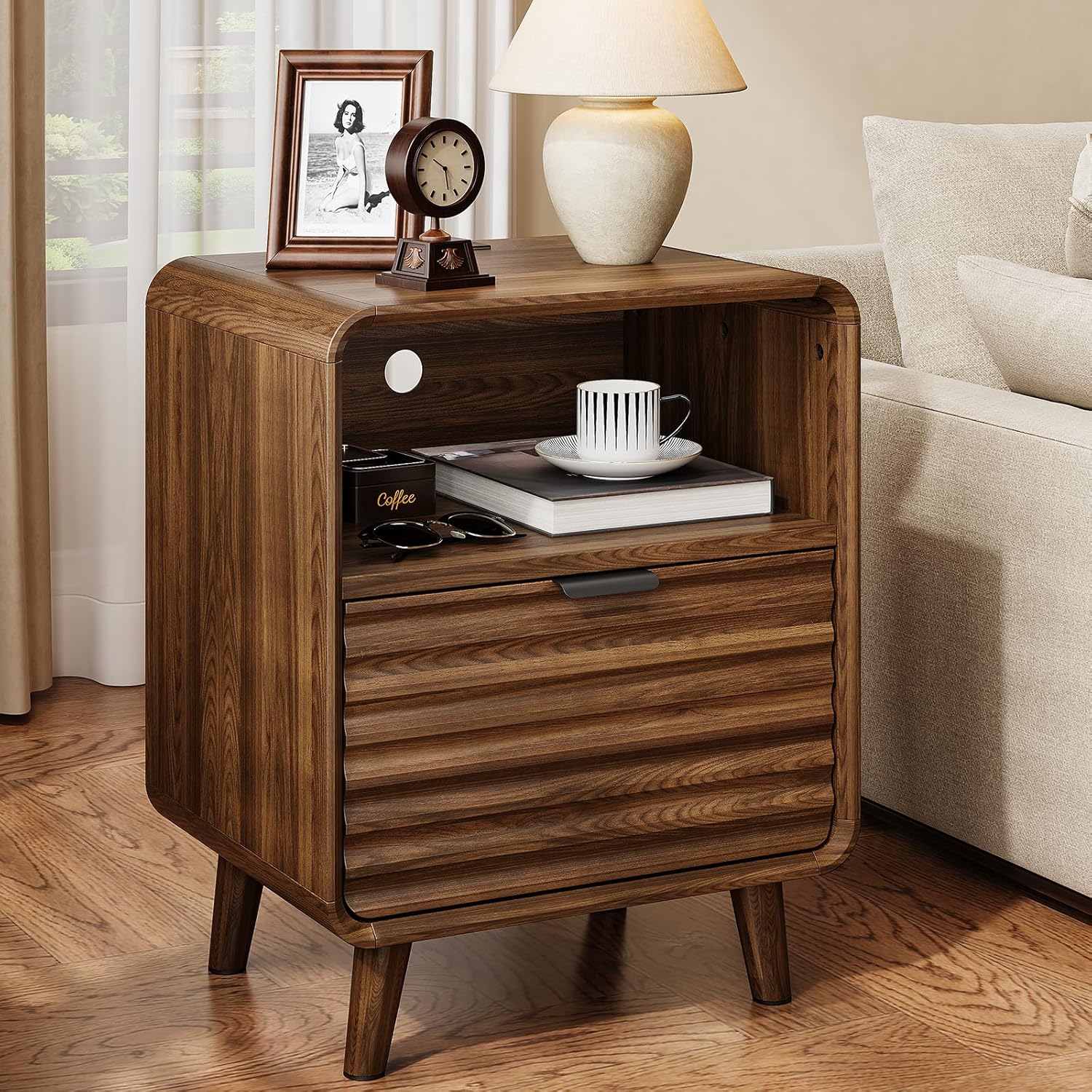 ONBRILL 19.7'' Wide End Table with Charging Station,Fluted Accent Side Table with Drawer & Open Cubby Storage,Mid Century Nightstand for Bedroom,Living Room,Walnut