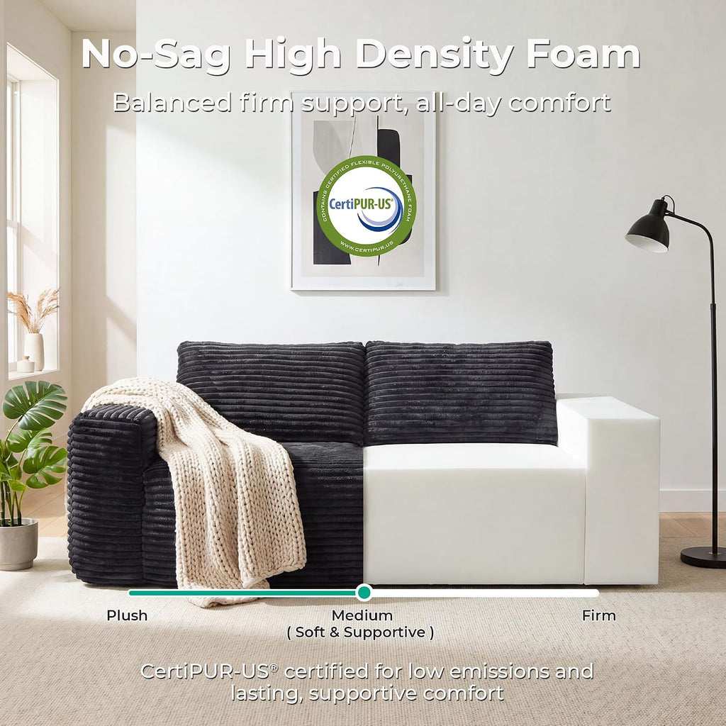 LIKIMIO Liorin Plush 71" Boneless Loveseat Sofa Black Corduroy No Assembly | 2 Seater | High-Density Foam | 25.6" Deep Seat | 17.3" High Seat | Sofa in a Box | Ideal for Apartment/Living room