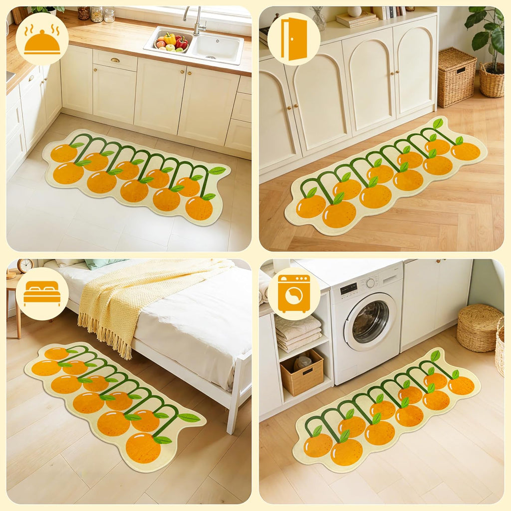 Irregular Runner Rug, Soft Low-Pile Non Slip Backing Washable Kitchen Laundry Mat Cute Fruit Shape Aesthetic Accent Rug Home Decor for Bedroom Living Room Entryway, 20"x48", Orange