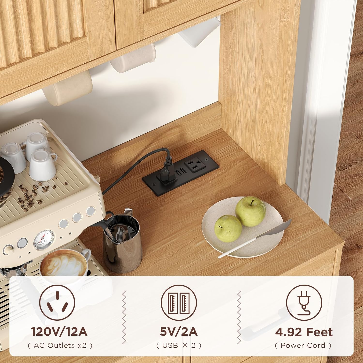 Kitchen Pantry Cabinet with Charging Station, 68" Tall Storage Cabinet with 3 Drawers, 2 Cabinets, Open Shelves, Fluted Doors, Wood Kitchen Hutch with Microwave Stand for Dining Room Living Room