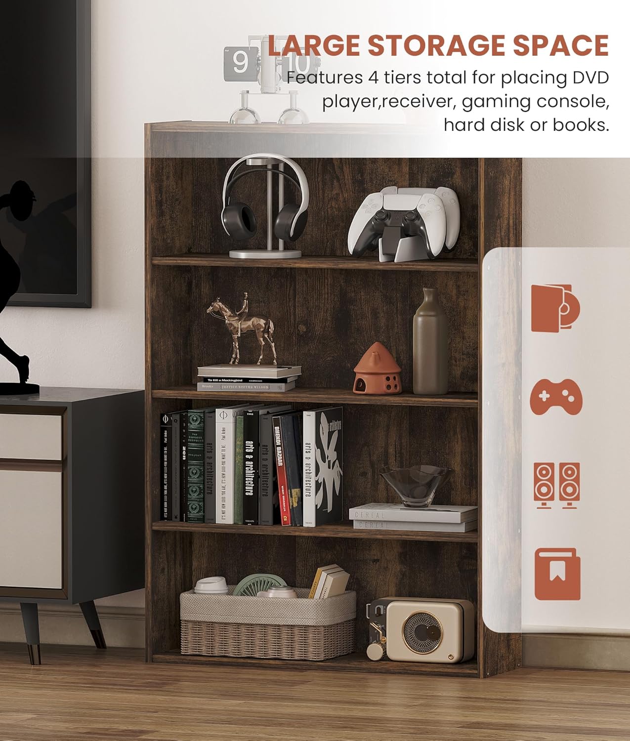 4 Tier DVD Storage Shelf, Media Storage Tower for CDs & Video Games, Freestanding Organizer Shelf for Living Room Home Office, Holds 160+ DVDs(Amber Pine)