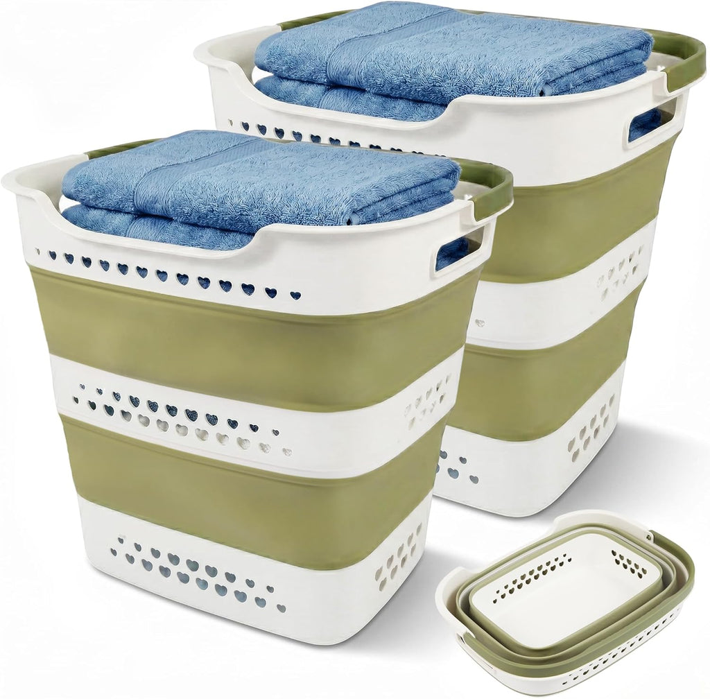 2 Pcs 42L/11.2 Gal Collapsible Laundry Basket - Foldable Plastic Pop Up Hamper with Handles, Space-Saving Storage Organizer for Wet & Dry Clothes, Ideal for Home, Dorm and Apartment Use Green