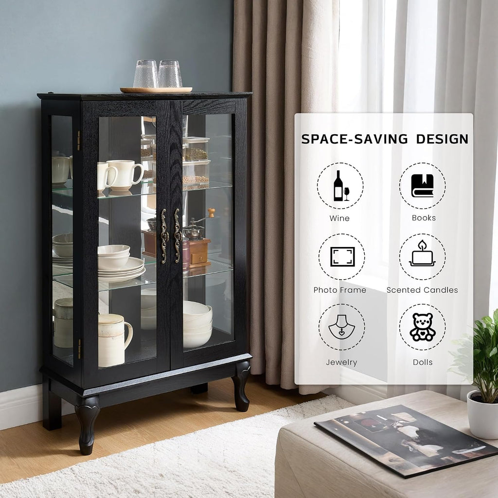 44" Small Lighted Glass Accent Curio Cabinet, Vintage China Cage with 2 Tempered Glass Doors & Adjustable Shelves, Acrylic Mirrored Pane, Elegant Wine Artwork Showcase for Living Room/Kitchen (Black)