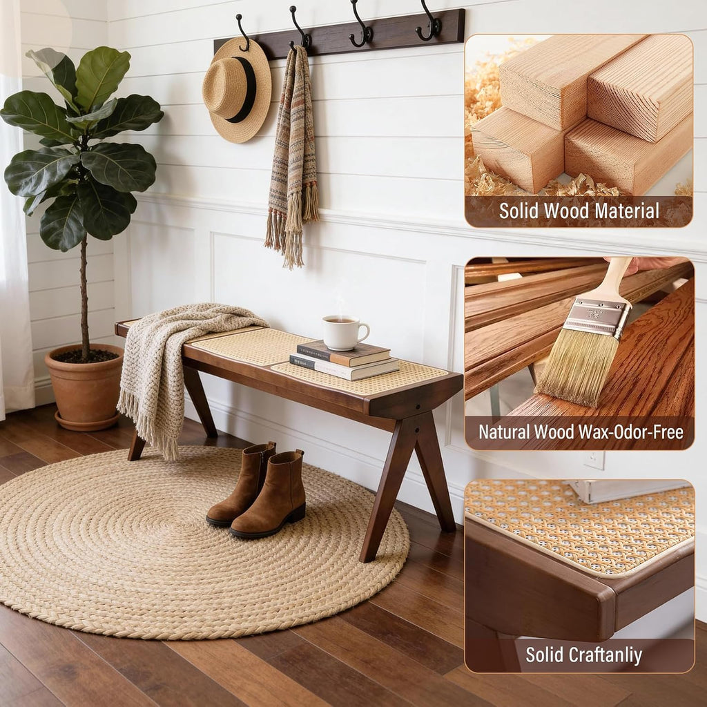 Furlide Wooden Rattan Dining Bench for Entryway, 49”Farmhouse Solid Wood Indoor Bench with Woven Cane Seat, Mid Century Bed End for Bedroom, Hallway, Living Room，Walnut