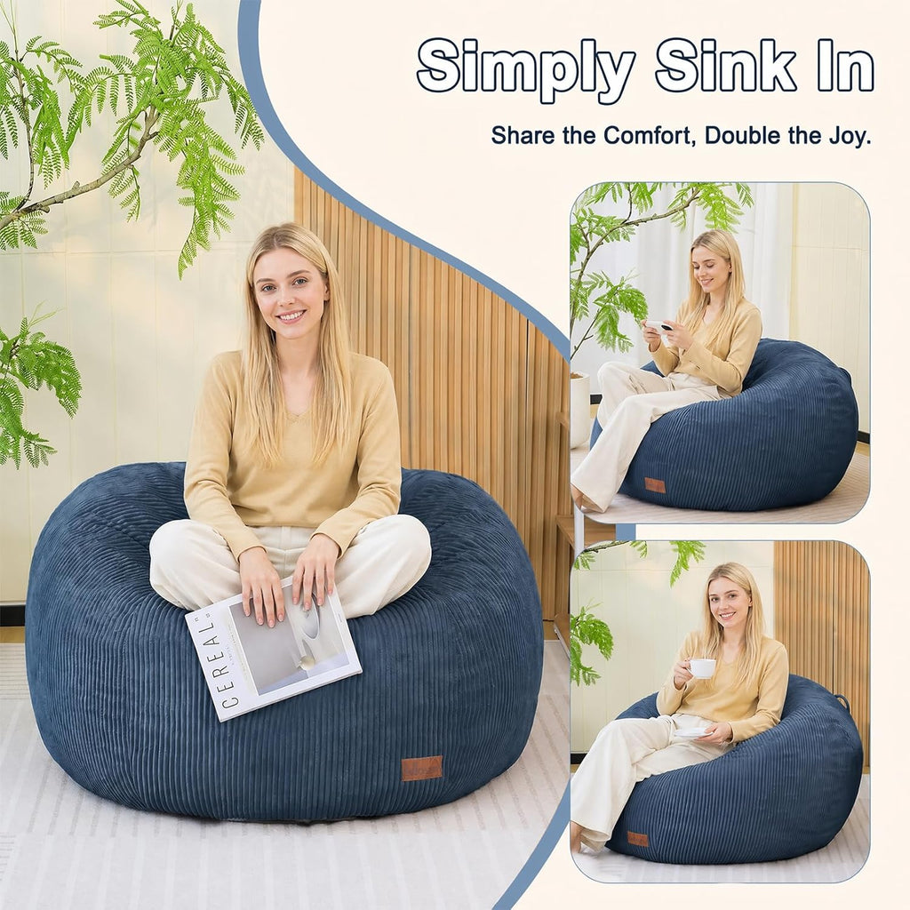 Bean Bag Chair for Adults Teens & Kids, Giant Round Bean Bag with Memory Sponge Filling, Boneless Lounge Floor Sofa Chair with Handle & Non-Slip Base for Living Room Bedroom Balcony(L-Blue)
