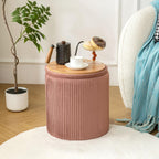 Ottoman with Storage Set of 2, Velvet Round Storage Ottoman, Upholstered Sponge Vanity Stool Support 300lbs, Multifunctional Coffee Table Foot Rest Ottoman for Living Room Bedroom, Pink