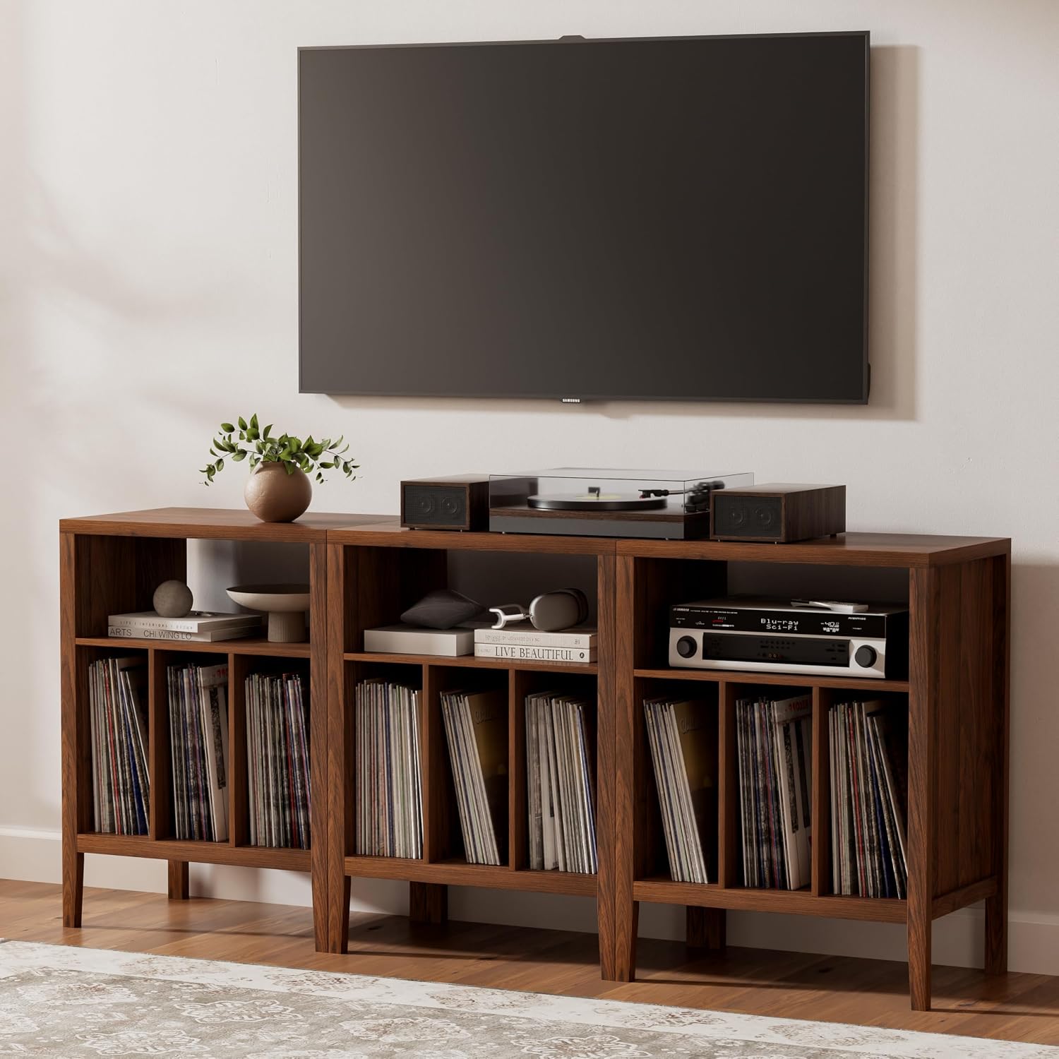 EYYTHUNG Record Player Stand with Vinyl Record Storage Holds up to 180 Albums, Large Turntable Stand Dispaly Shelf, Farmhouse Wood End Table for Bedroom, Living Room, Brown