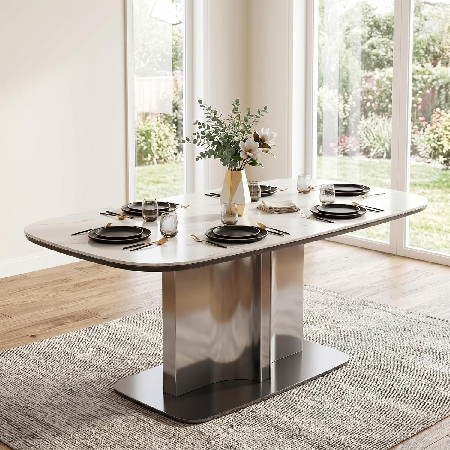 63" Modern Sintered Stone Dining Table for 6, Glossy White Rectangular Kitchen Table with Wood-Reinforced Top & Metal Pedestal Base, for Standard Dining Room, Kitchen & Family Gatherings