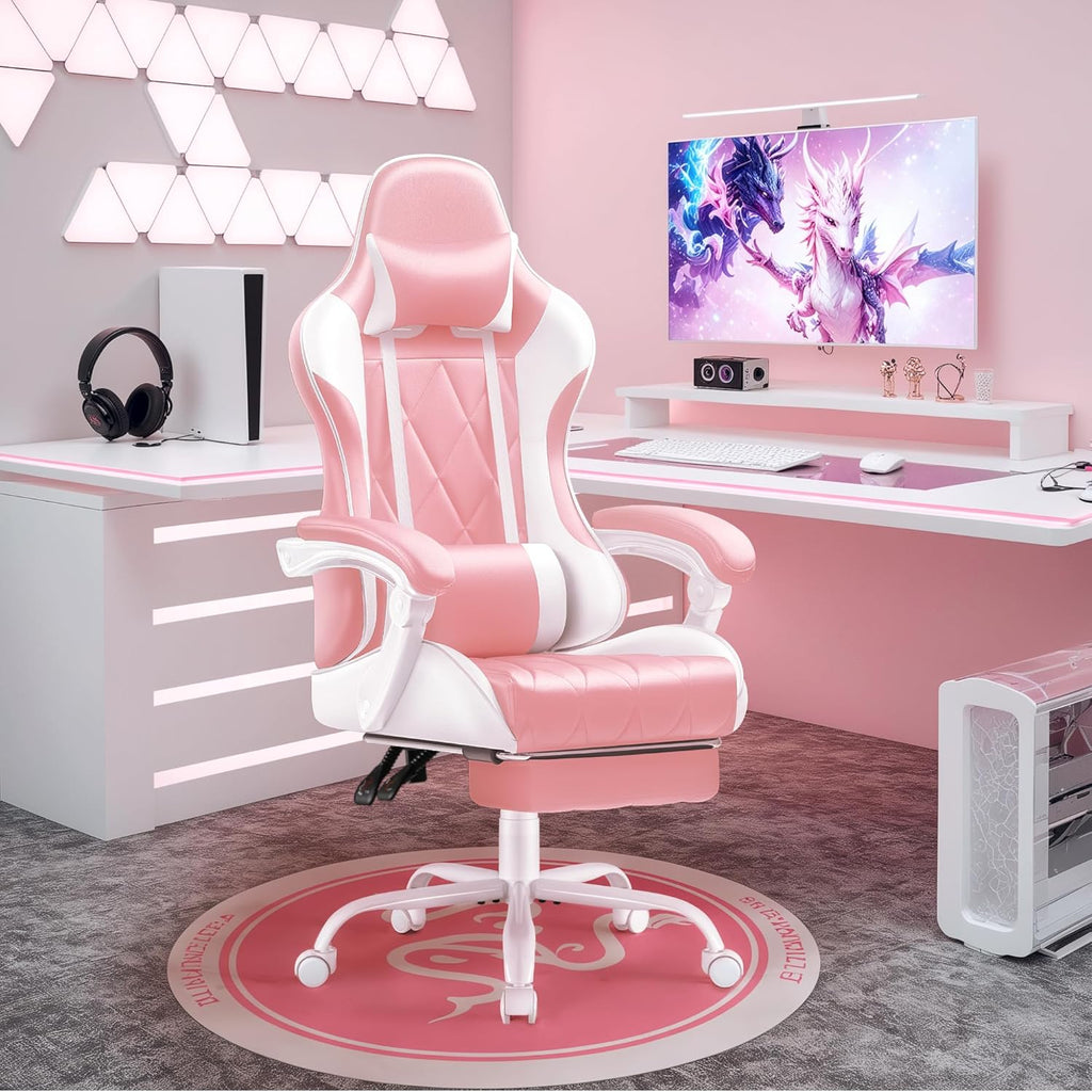 Shahoo Gaming Chair with Footrest and Massage Lumbar Support, Ergonomic Office Computer Seat Height Adjustable with Headrest, Pink