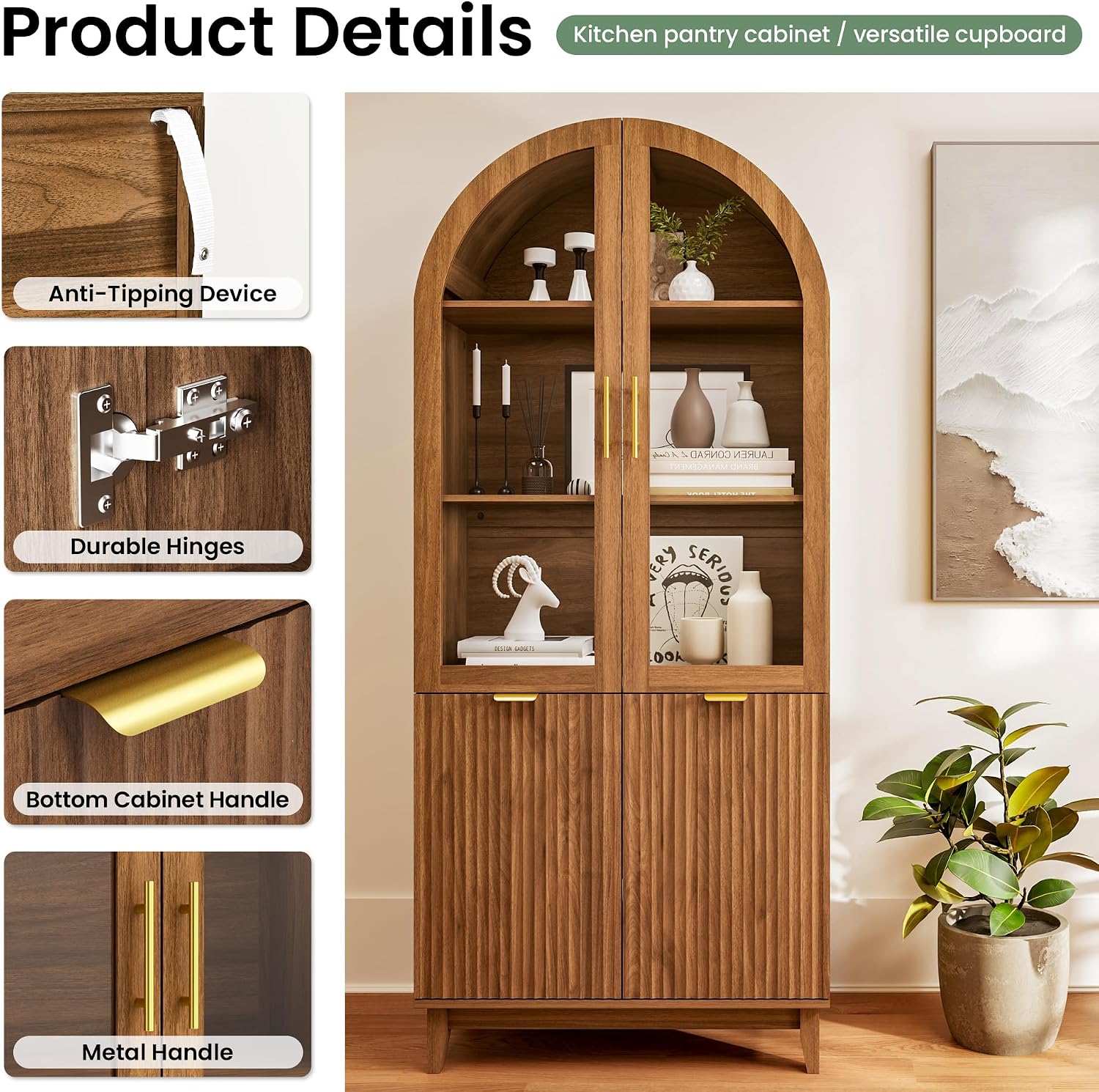 71" Tall Arched Pantry Cabinet, Kitchen Pantry with Glass Doors & Fluted Doors, Wood Storage Cabinet with Adjustable Shelf, Versatile Cupboard for Kitchen, Living Room,Walnut